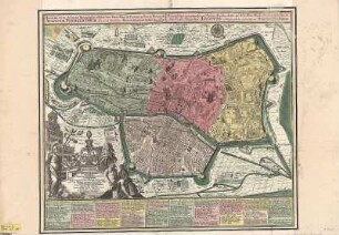 Stadtplan von Augsburg, ca. 1:4 000, Kupferst., 1757 : Accurata recens delineata Ichnographia celeberrimae liberae Imperii Civitatis ac Suevia Metropolis Augustae Vindelicorum : Viris Perillustribus Domino Ioanni Iacobo Holzapfel ab Herxheim et Dno Wolffgango Iacobo Sulzero Sac. Caes. Maiest. Consiliariis Actualibus ; Cum Gratia et Privil. S. R. I. Vicariatus, in partibus Rheni, Sueviae, et Juris Franconici = Neu verfertigt accurater Grund Riß der Hochberühmten deß Heil. Röm. Freyer u. des Schwäbischen Creises Haupt-Statt Augspurg / cura et sumtibus Matth. Seutteri S. C. M. G. Augustani. Ioh. Thomas Kraus Architectus et Perspectivicus delineavit. - [Ca. 1:4 000]. - Augustani , [vor 1757]. - 1 Kt. : kolor. Kupferst. ; 57 x 40 cm