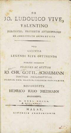 De Io. Ludovico Vive, Valentino Philosopho, Praesertim Anthropologo Ex Libris Eius De Anima Et Vita