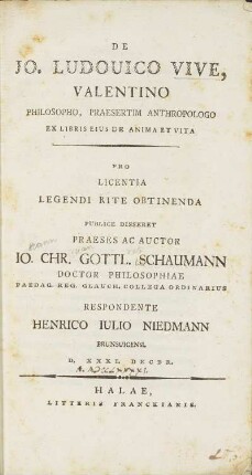 De Io. Ludovico Vive, Valentino Philosopho, Praesertim Anthropologo Ex Libris Eius De Anima Et Vita