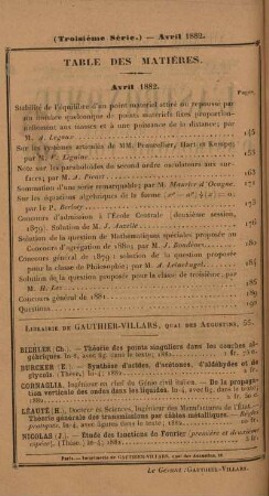 Table des matières. Avril 1882.