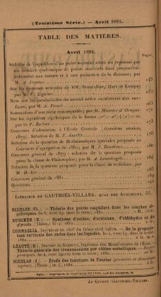 Table des matières. Avril 1882.