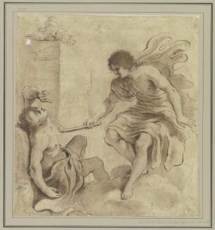 Ungedeutete Darstellung: Eine auf Wolken herabschwebende männliche Gestalt versengt mit seiner lodernden Fackel einen am Boden sitzenden Jüngling