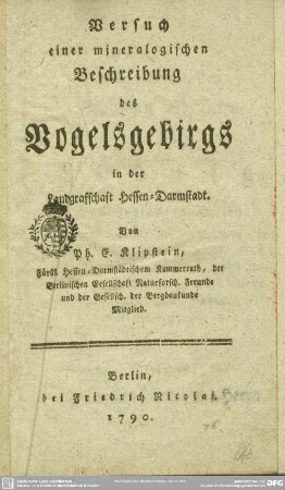 Versuch einer mineralogischen Beschreibung des Vogelsgebirgs in der Landgraffschaft Hessen-Darmstadt