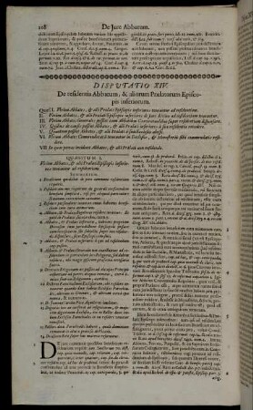 Disputatio XIV. De residentia Abbatum, & aliorum Prælatorum Episcopis inferiorum.