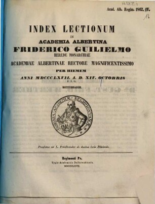 Index lectionum in Academia Albertina ... habendarum. 1867. WS