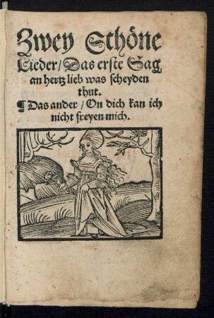 Zwey Schœne || Lieder/ Das erste Sag || an hertz lieb was scheyden || thut.|| Das ander/ On dich kan ich || nicht freyen mich.||