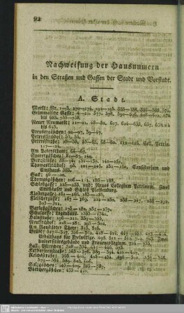 Nachweisung der Hausnummern in den Straßen und Gassen der Stadt und Vorstadt