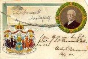 Postkarte mit Porträt und Wahlspruch Otto von Bismarcks