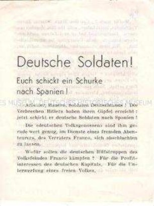 Illegale Flugschrift mit einem Text von Heinrich Mann gegen den Einsatz deutscher Soldaten im Spanischen Bürgerkrieg