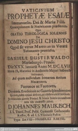 Vaticinium Prophetae Esaiae Immanuelis, Dei & Mariae Filii Conceptionem & Nativitatem praedicens