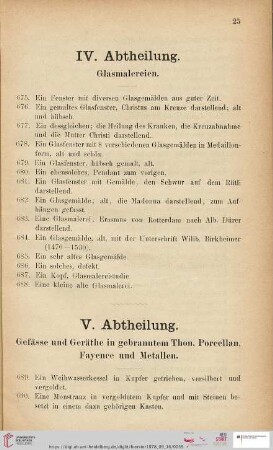 IV. Abtheilung. Glasmalereien (Nr. 675 - 688)