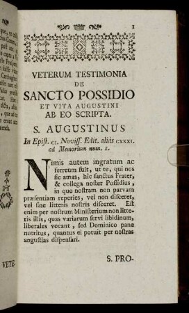 Veterum Testimonia de sancto possidio et vita Augustini ab eo scripta.
