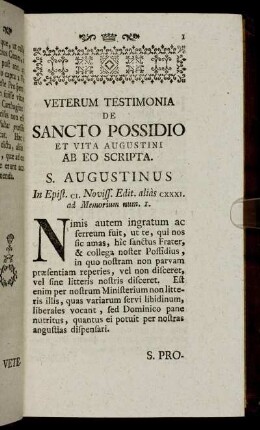 Veterum Testimonia de sancto possidio et vita Augustini ab eo scripta.