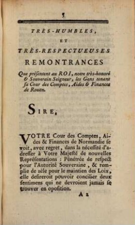 Remontrances De La Cour Des Comptes, Aides Et Finances De Rouen, Arrêtées, les Bureaux assemblées en celui des Aides, le 12 Mars 1761