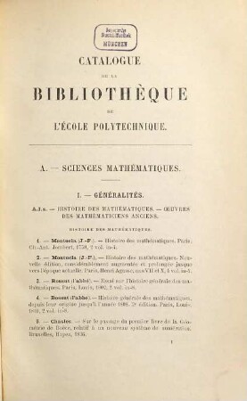 Catalogue de la Bibliothèque de l'Ecole Polytechnique