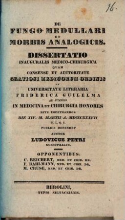 De Fungo Medullari Et Morbis Analogicis : Dissertatio Medico-Chirurgica
