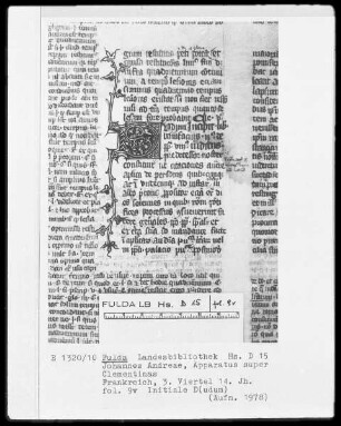 Johannes Andreae, Apparatus super Clementinas — Initiale D(udum), Folio 9verso