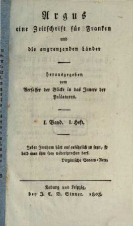 Argus : eine Zeitschrift für Franken und die angrenzenden Länder. [1] = 1,1. 1803