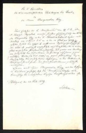 Handschriftliches Schreiben der K. Direktion der wissenschaftlichen Sammlungen an Kerz