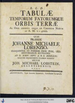Tabulae Temporum Fatorumque Orbis Terrae Ab Orbe Condito Usque Ad Christum Natum Ab A. M. I. - 4000.