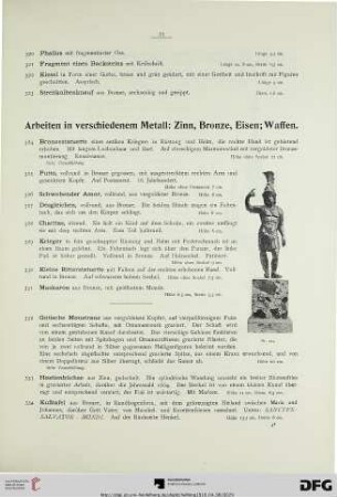 Arbeiten in verschiedenem Metall: Zinn, Bronze, Eisen; Waffen (Nr. 324-369)