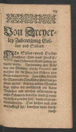 Von Dreyerley Zubereitung Goldes und Silbers.