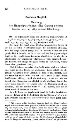 Sechstes Kapitel. Ableitung der Haupteigenschaften aller Curven zweiten Grades aus der allgemeinen Gleichung.