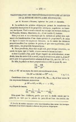 TRANSFORMATION DES PROPRIÉTÉS BARYCENTRIQUES AU MOYEN DE LA MÉTHODE DES POLAIRES RÉCIPROQUES.