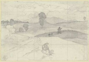 Italienische Landschaft mit Frau und Kind bei einem Korb und abziehender Herde
