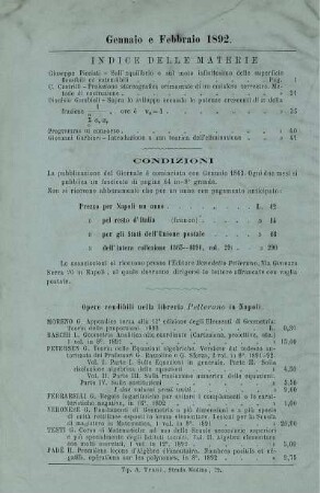 Indice delle materie. Condizioni.