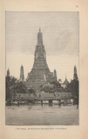 Wat Tschang. Im Vordergrunde schwimmende Häuser auf dem Menam