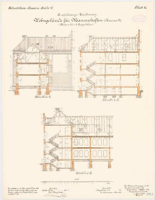 Feldartilleriekaserne, Halle/Saale: Wohnbau für Mannschaften - Kasernen III, VI und V: Grundriss 2. Obergeschoss, Sparrenlage Längsschnitt, Querschnitte 1:100