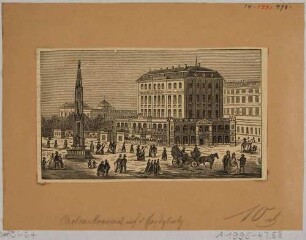 Der Cholerabrunnen von Gottfried Semper, 1846 Enthüllung in der Mitte des Postplatzes in Dresden, 1891 leicht versetzt, 1927 in Sophienstraße, im Hintergrund das Restaurant Waldschlösschen