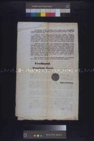 Proklamation: Abdankung von Kaiser Ferdinand I.; Olmütz, 2. Dezember 1848. Druck in deutscher und tschechischer Sprache.