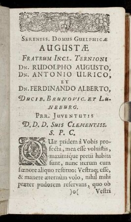 Sereniss. ... Dn. Rudolpho Augusto, Dn. Antonio Ulrico, Et Dn. Ferdinando Alberto, Ducib. Brunovic. Et Luneburg ...