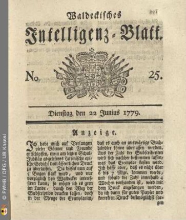 No. 25, Dienstag den 22 Junius 1779