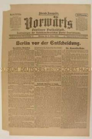 Zentralorgan der SPD "Vorwärts" zum Aufruf des Spartakus-Bundes zu einem Generalstreik in Berlin und zur Versorgungslage in Leizig