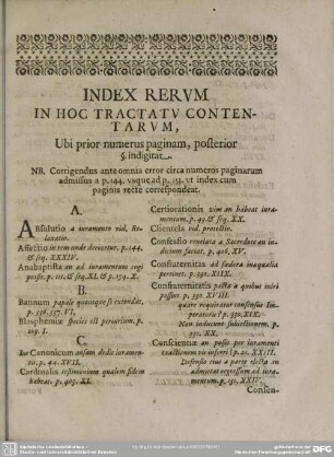 Index Rerum In Hoc Tractatu Contentarum