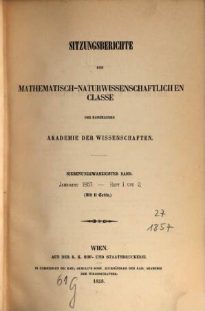 Sitzungsberichte der Mathematisch-Naturwissenschaftlichen Classe der Kaiserlichen Akademie der Wissenschaften. 27. 1857