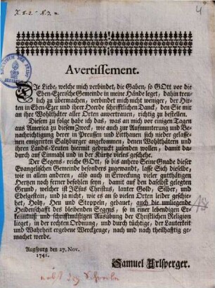 Avertissement : ... Augspurg den 27. Nov. 1741