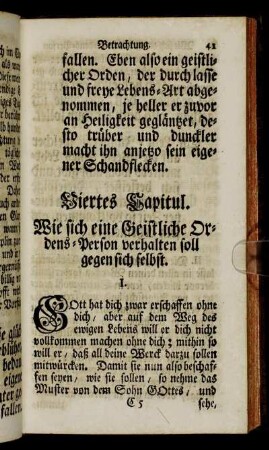 Viertes Capitul. Wie sich eine Geistliche Ordens-Person verhalten soll gegen sich selbst.