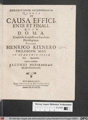 Exercitationum Metaphysicarum Quinta De Causa Efficiente Et Finali