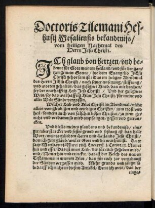 Doctoris Tilemani Heshusii Wesaliensis bekandtniss/ vom heiligen Nachtmal des Herrn Jesu.