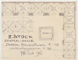 Thiersch, Friedrich von; München; Justizpalast - Decken in der Zentralhalle 2. OG (Verteilungsplan, Teilansichten)