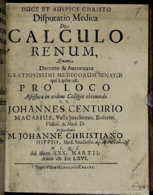 Disputatio Medica De Calculo Renum