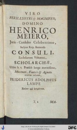 Viro Perillustri et Magnifico, Domino Henrico Meiero ...