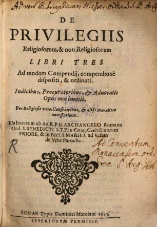 De Privilegiis Religiosorum et non Religiosorum : libri III.