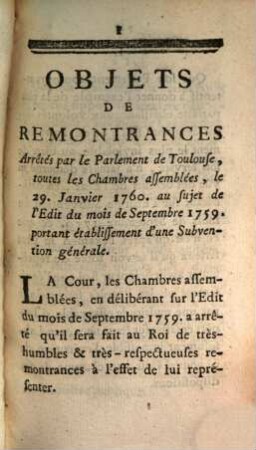 Objets De Remontrances Du Parlement De Toulouse : Du 29. Janvier 1760