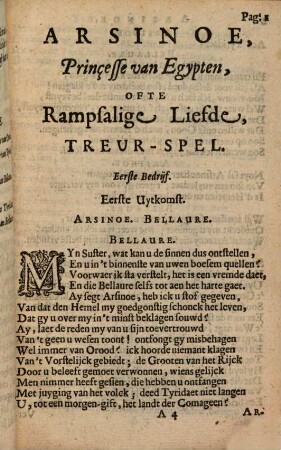 Arsinoe, Princesse van Egypten, Ofte Rampsalige Liefde : Treur-Spel