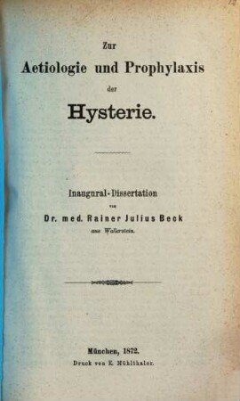 Zur Aetiologie und Prophylaxis der Hysterie